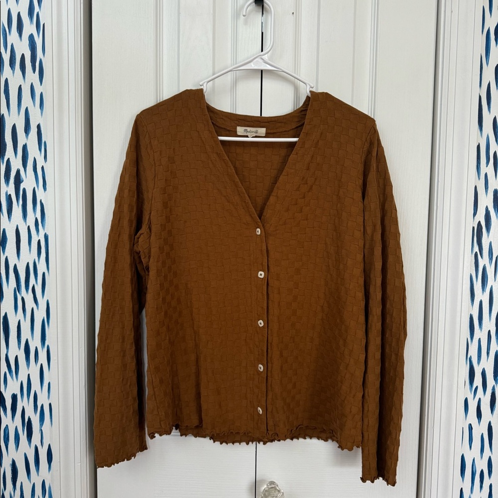 Women’s Madewell Chess Check Classic V-Neck Cardigan Top - Size XL - Sepia - EUC